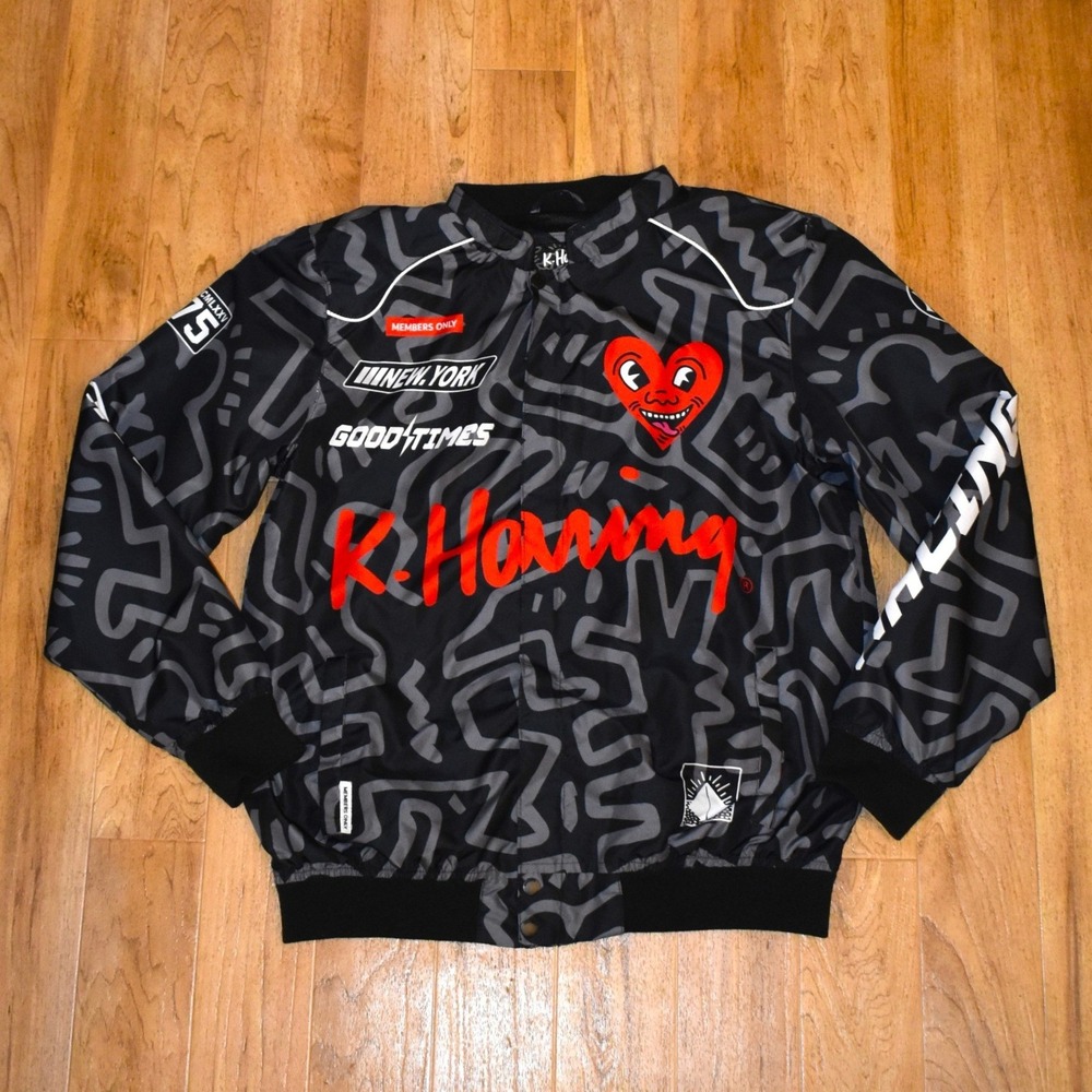 Members Only Keith Haring Racing Jacket Men's Medium Black Pop Art Print‎